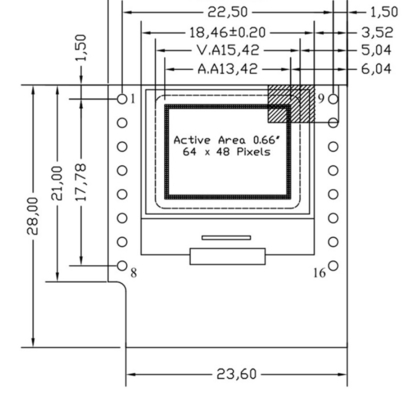 0.66 cali IIC OLED Display 16 Pin z 64x48 pikseli, białe/niebieskie czcionki Ultra Low Power OLED Display